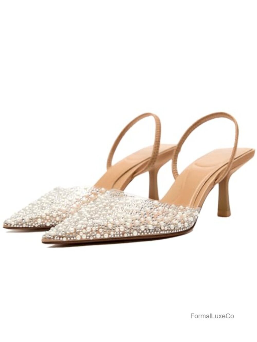 Womens Clear Slingback Kitten Heels Pearl Rhinestone Pointed Toe Party Pumps
